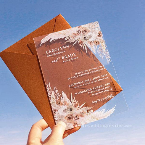 Elegant Boho Neutral Floral Terracotta Acrylic Wedding Invitations CWIA231